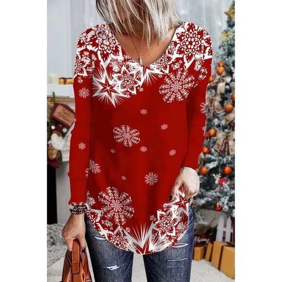 NWT NORACORA CHRISTMAS SNOWFLAKE ABSTRACT V NECK SHIFT CASUAL LONG SLEEVE TOP Si - Picture 1 of 9
